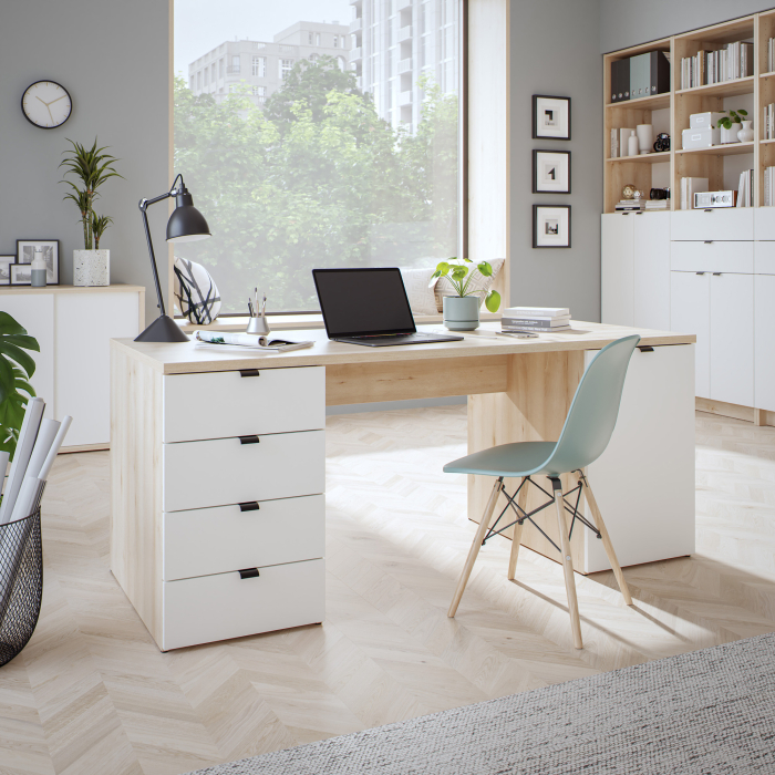 Schreibtisch | rechts Schrank | links Schubladen