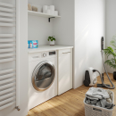 Waschmaschinenschrank mit geschlossenem schmalen Regal rechts