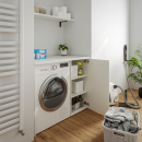 Waschmaschinenschrank mit geschlossenem schmalen Regal rechts