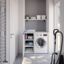 Waschmaschinenschrank mit geschlossenem schmalen Regal links