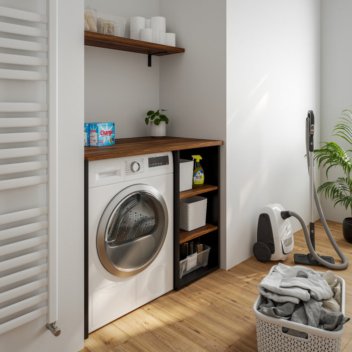 Waschmaschinenschrank mit offenem schmalen Regal rechts