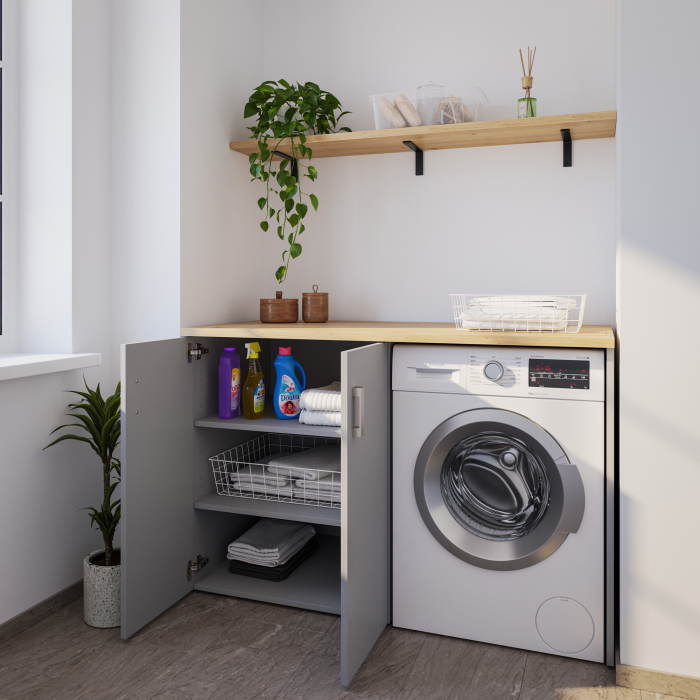 Waschmaschinenschrank mit geschlossenem breiten Regal links