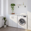 Waschmaschinenschrank mit geschlossenem breiten Regal links