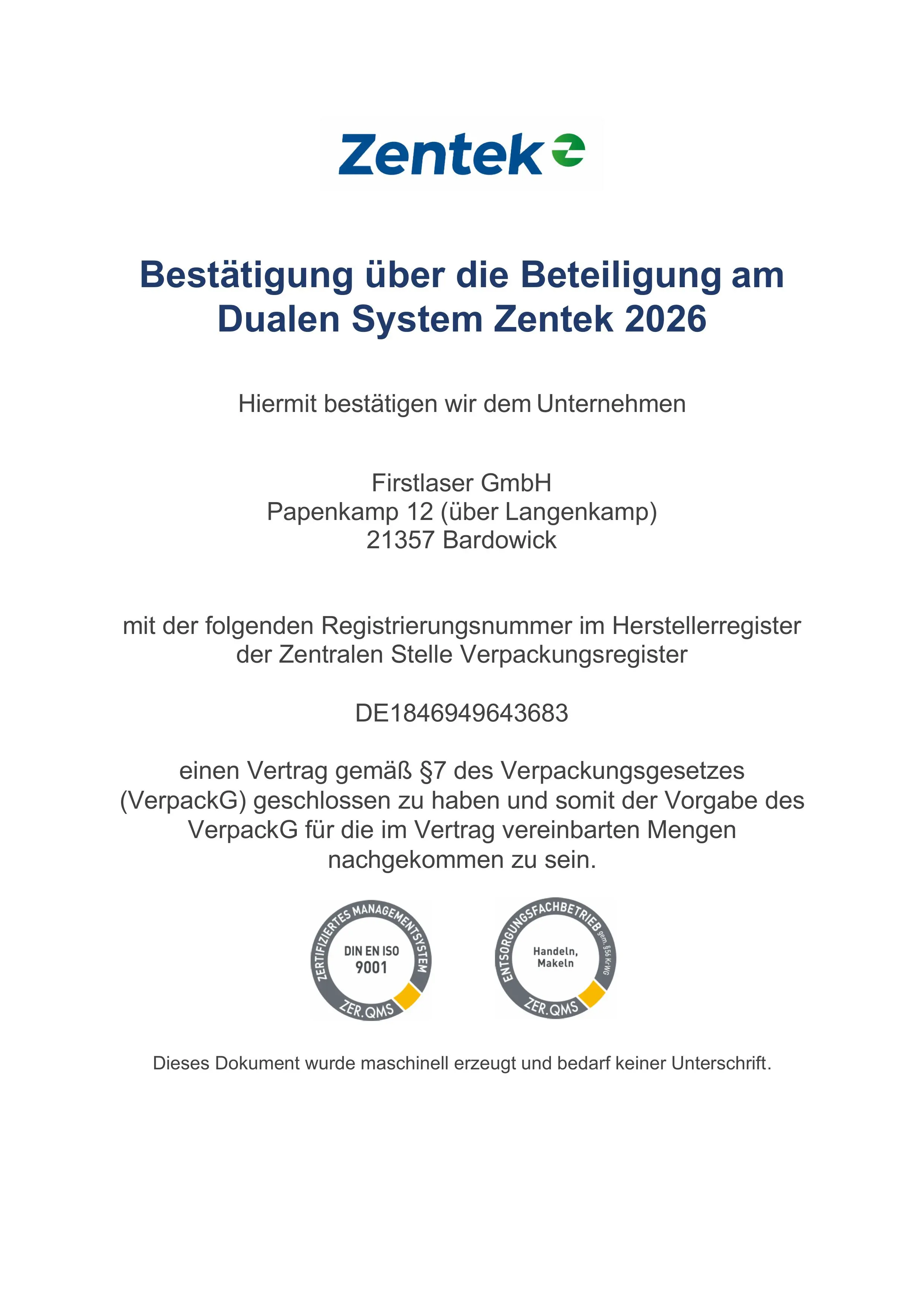 Zertifikat Firstlaser